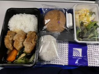 ユナイテッド航空の機内食　これは離陸後の機内食。あと軽食にサンドイッチ2個、着陸前に朝食と盛りだくさんでした！　